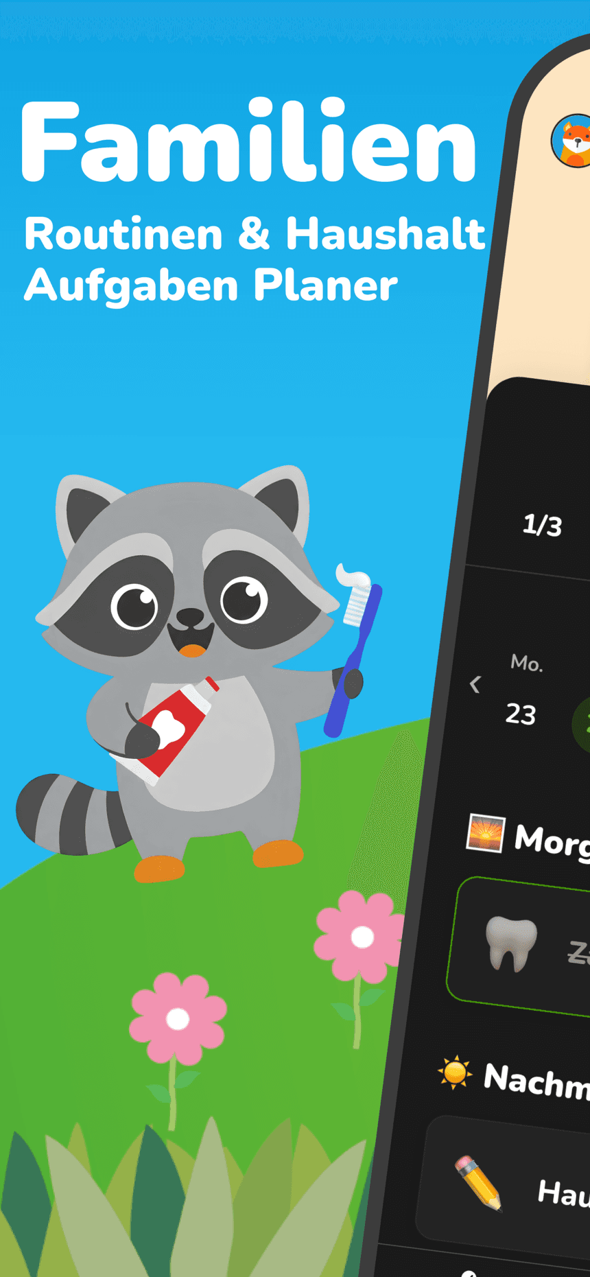 Raccoon Kids App-Bildschirm mit der täglichen Aufgabenliste eines Kindes, mit Morgen- und Nachmittagsaufgaben und Münzwerten