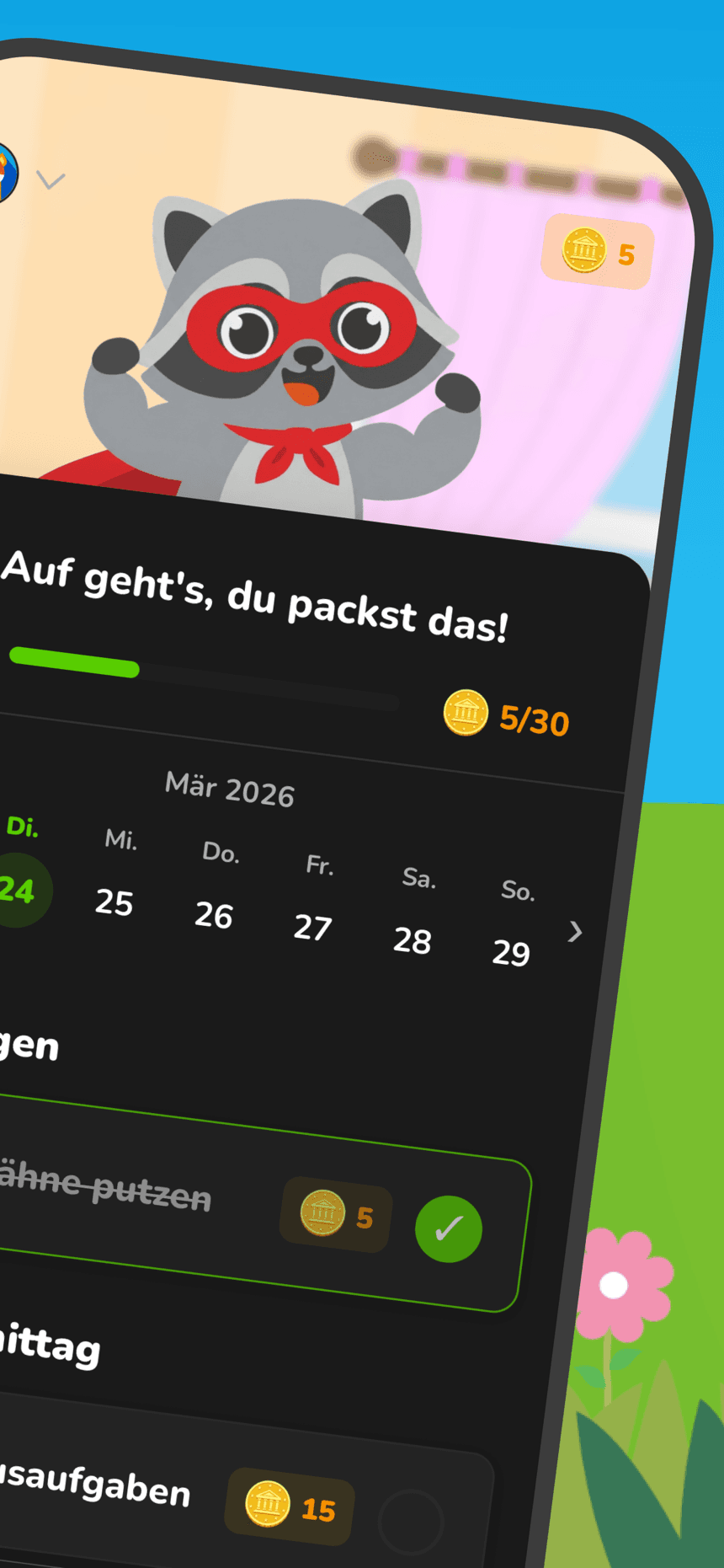 Startbildschirm eines Kindes in der Raccoon Kids App mit Fortschrittsbalken, Münzzähler und erledigter Aufgabe Zähne putzen