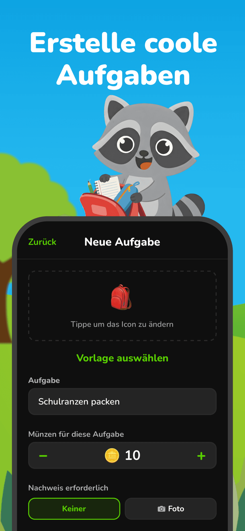Neue-Aufgabe-Bildschirm in Raccoon Kids, auf dem Eltern Icon, Münzwert und Foto-Nachweis einer Aufgabe festlegen