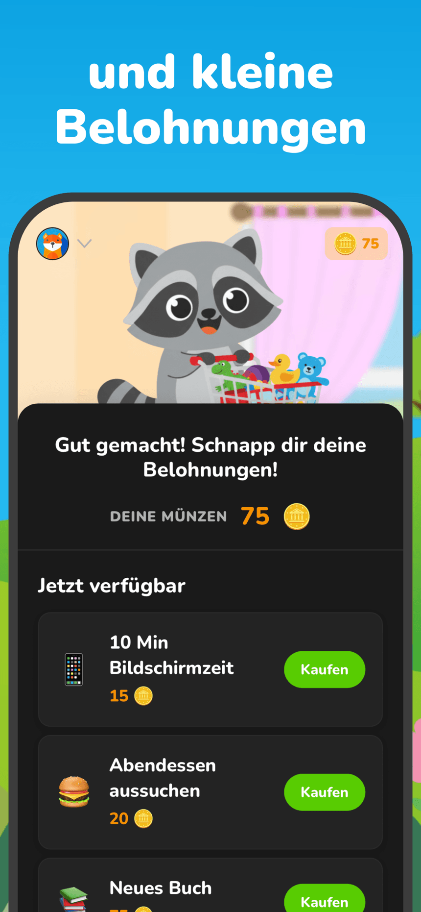 Belohnungs-Shop in Raccoon Kids, in dem Kinder Münzen gegen Belohnungen wie Bildschirmzeit oder ein neues Buch eintauschen