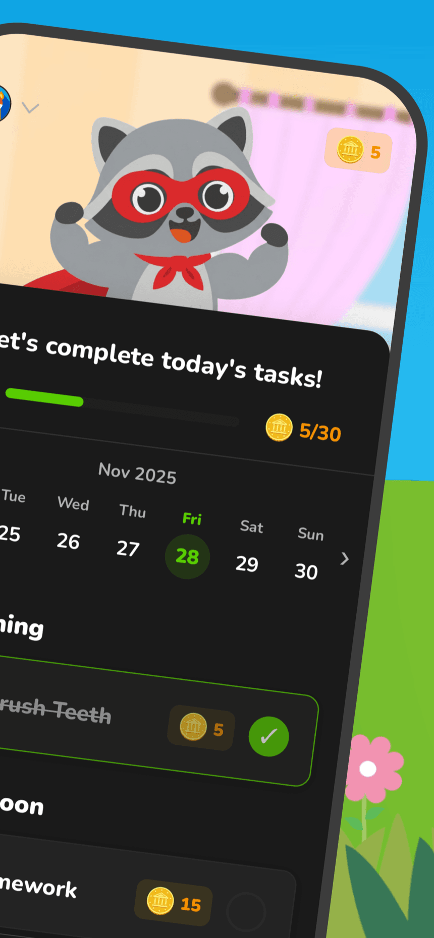Child's home screen in the Raccoon Kids chore app with a progress bar, coin counter, and a completed brush-teeth task