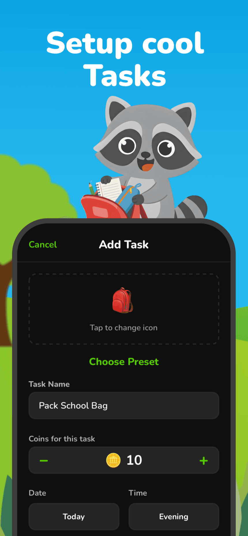 Add Task screen in Raccoon Kids where parents set a chore's icon, coin value, and schedule