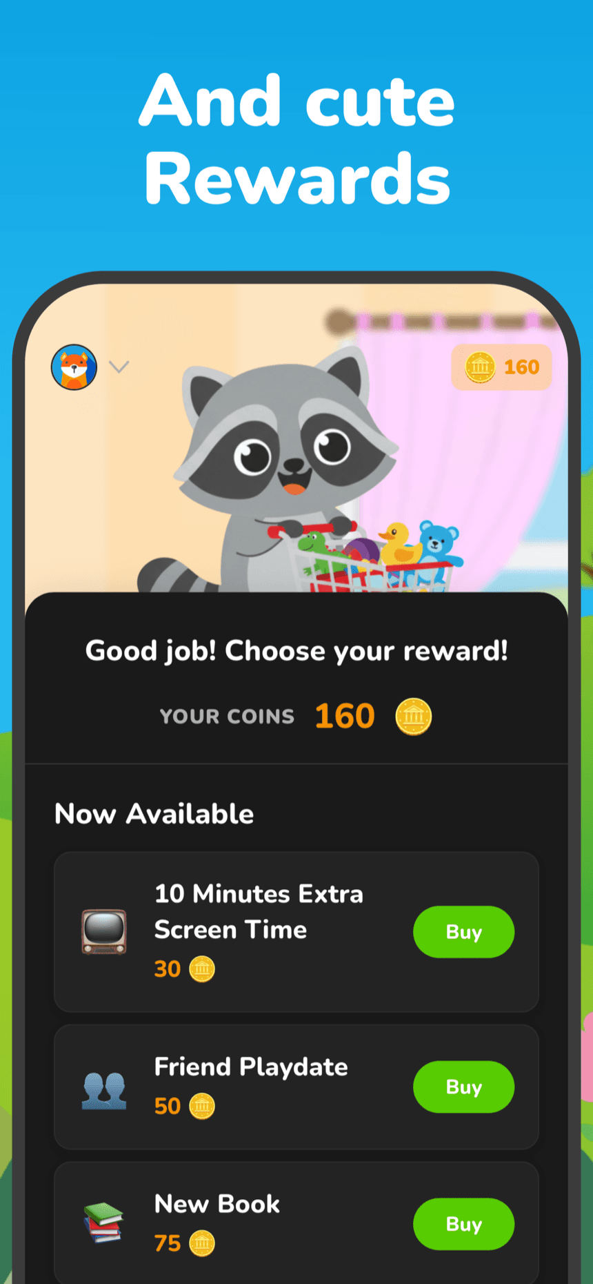 Rewards shop in Raccoon Kids where kids trade coins for rewards like extra screen time or a new book