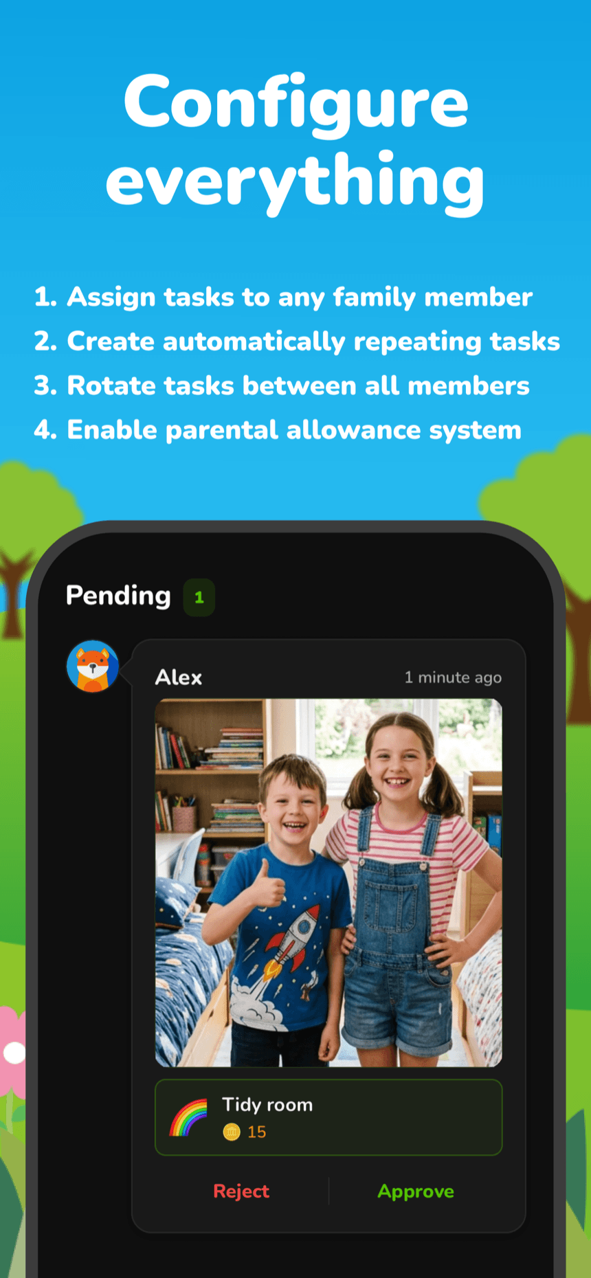 Parent approval screen in Raccoon Kids showing a chore completed with photo proof, ready to approve