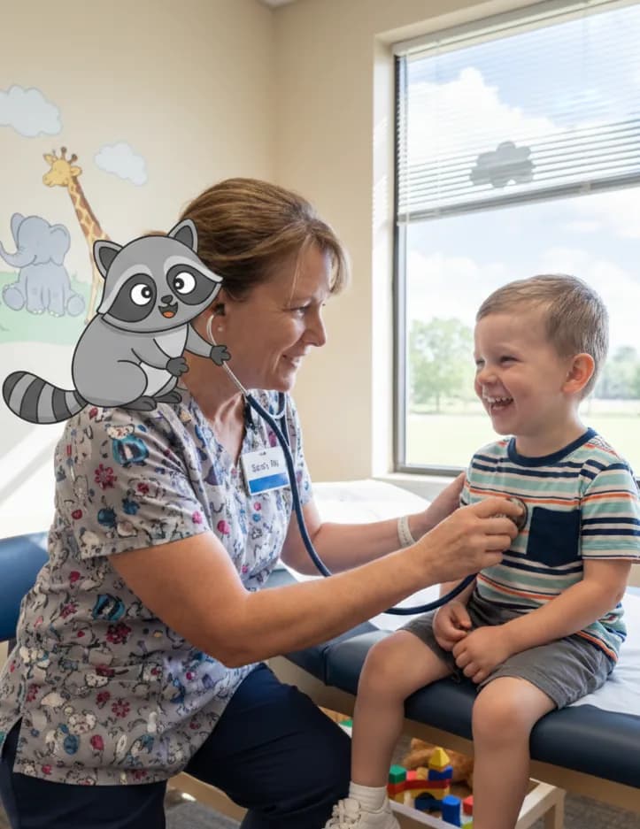 Nurse caring for a child with Raccoon mascot
