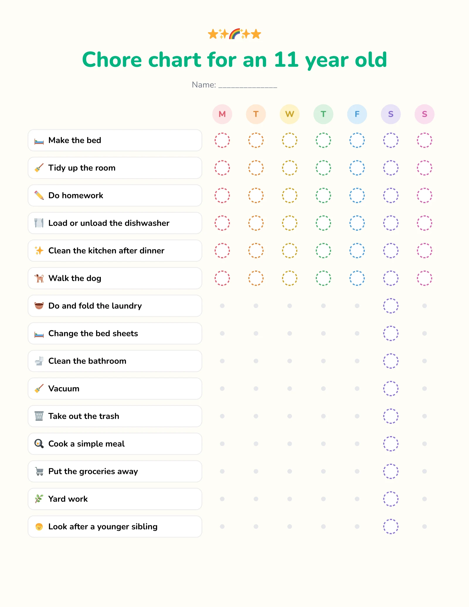 Free printable chore chart for an 11 year old with daily chores like cleaning the kitchen and unloading the dishwasher, plus weekly chores like doing laundry, cleaning the bathroom and changing sheets
