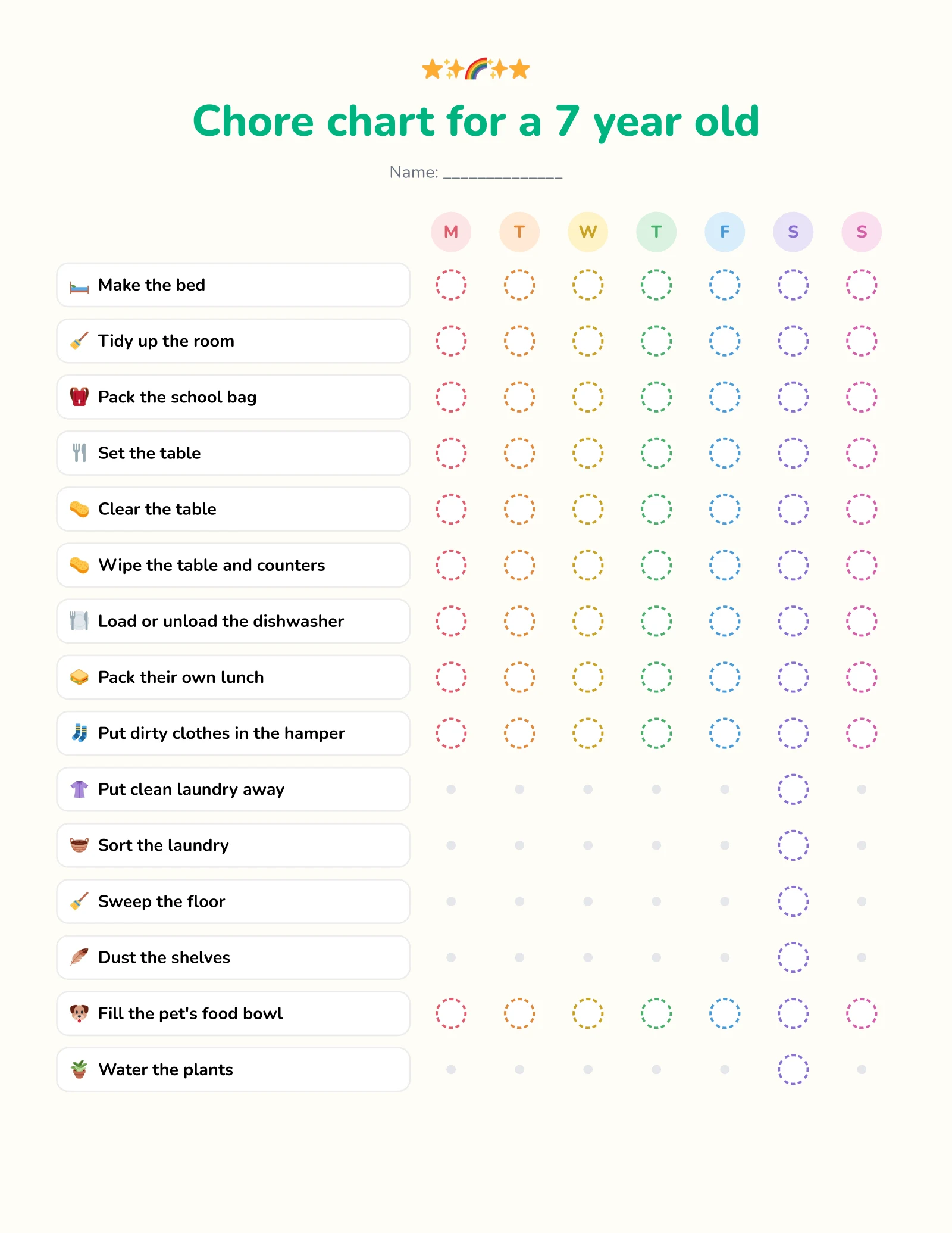 Free printable chore chart for a 7 year old with daily chores like making the bed, setting the table and packing lunch, plus weekly chores like sorting laundry and dusting