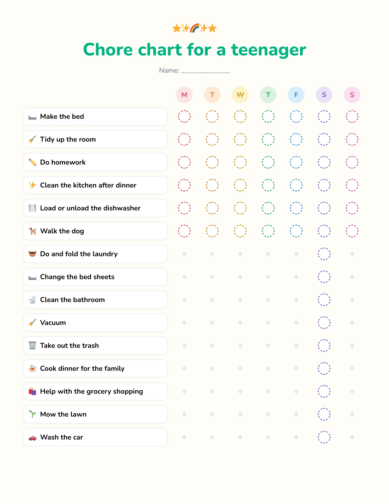 Free printable chore chart for teenagers aged 15 to 17 with chores like cooking dinner for the family, doing laundry, cleaning the bathroom, mowing the lawn and washing the car