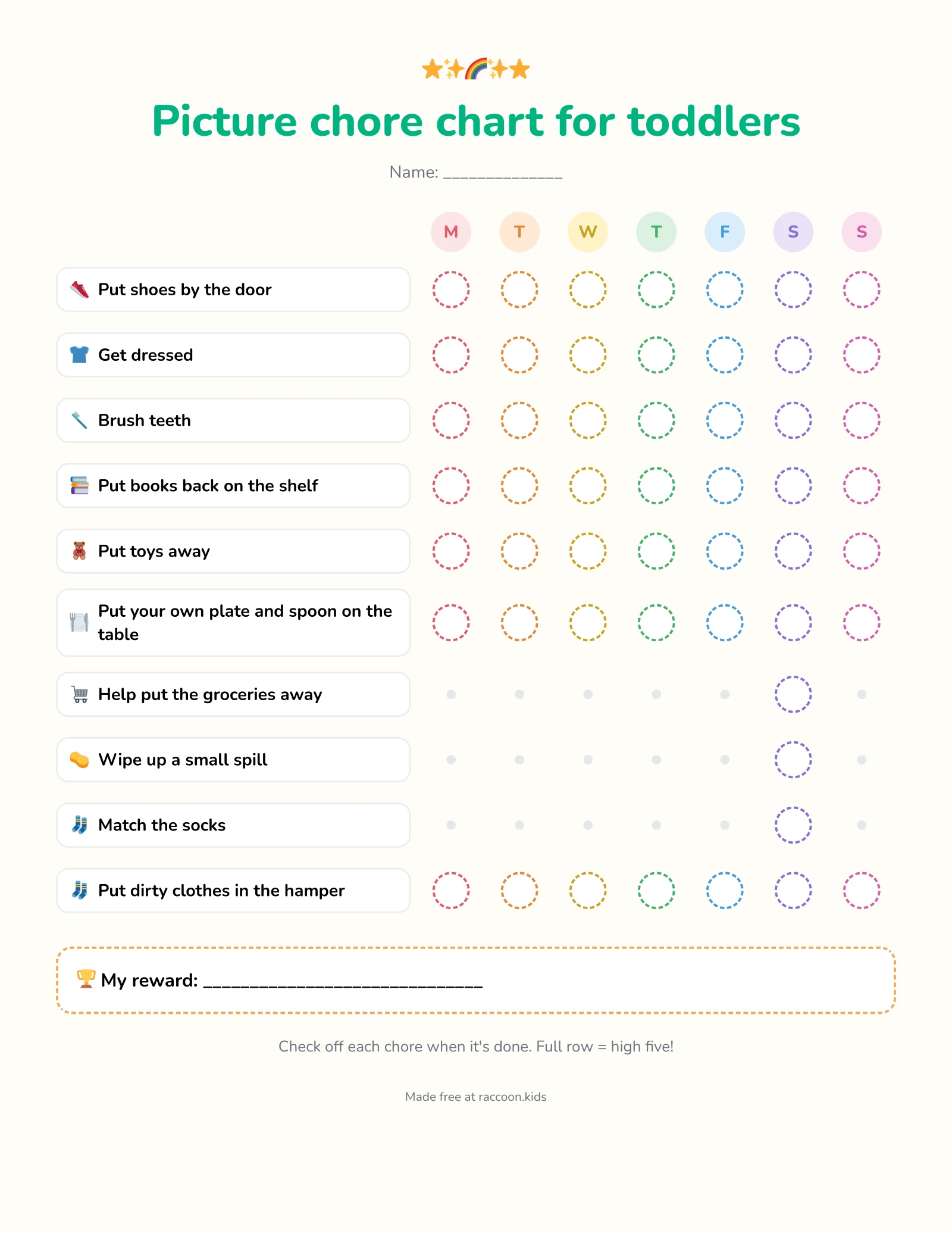 Free printable picture chore chart for toddlers aged 2 and 3 with simple jobs like putting toys away, putting clothes in the laundry basket and helping with groceries
