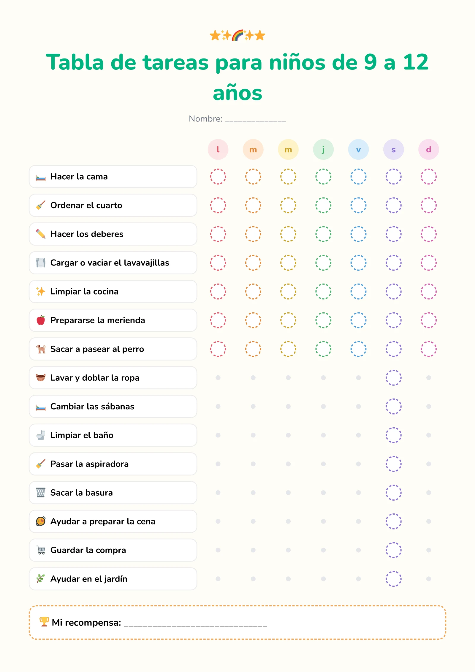 Tabla de tareas para imprimir gratis para niños de 9 a 12 años con tareas como limpiar la cocina, lavar y doblar la ropa, limpiar el baño y ayudar a preparar la cena