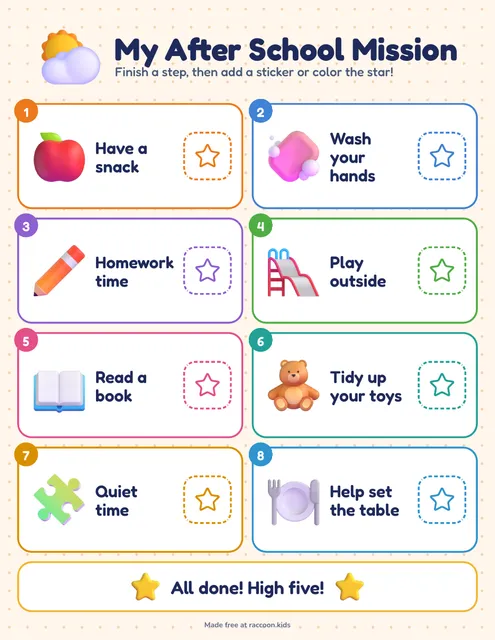 After school game board, a free printable after school routine chart