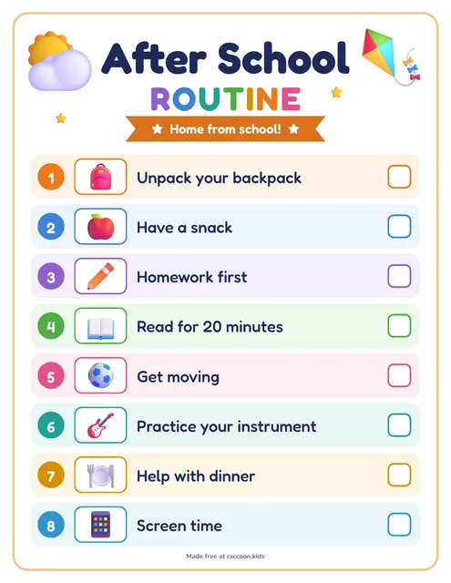 Homework routine for big kids, a free printable after school routine chart