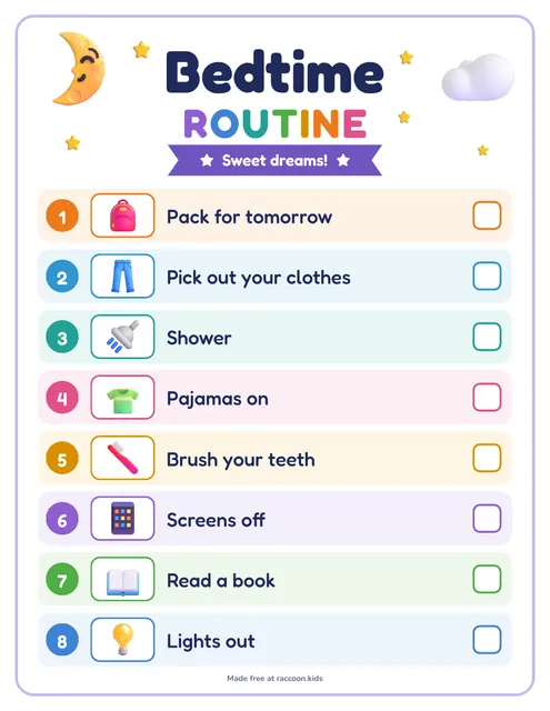 Bedtime checklist for big kids, a free printable bedtime routine chart