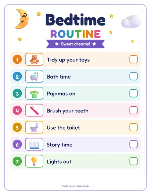 Night time routine chart for preschoolers, a free printable bedtime routine chart