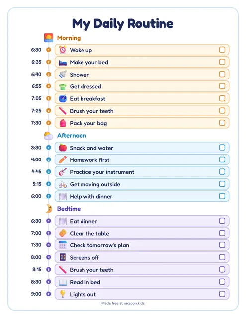 Daily schedule with times, a free printable daily routine chart
