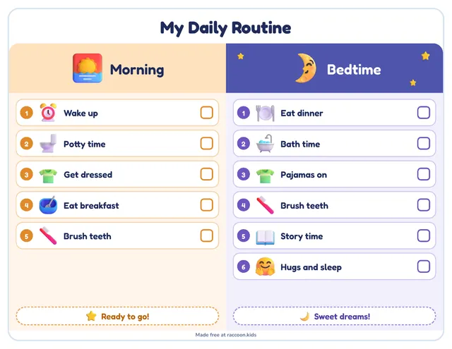 Morning and bedtime routine chart, a free printable daily routine chart