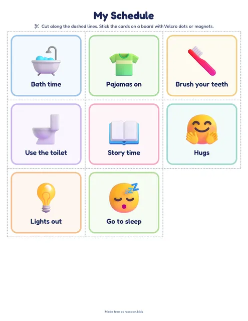 Bedtime picture cards, a free printable visual schedule
